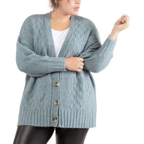Black Tape Cable Knit Cardigan in Light Teal - 1X - Picture 1 of 4